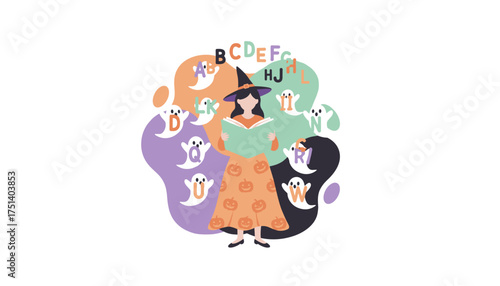 Halloween witch reading surrounded by playful alphabet ghosts Learning and education