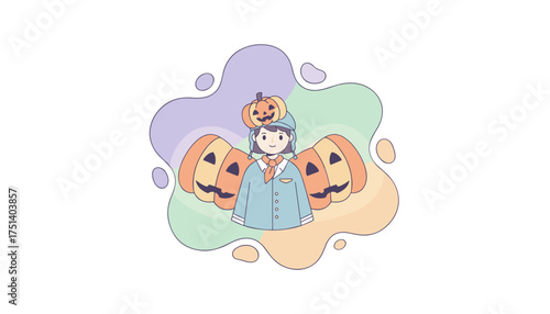 Cute child with pumpkin hat and jackolantern wings for Halloween and autumn fun