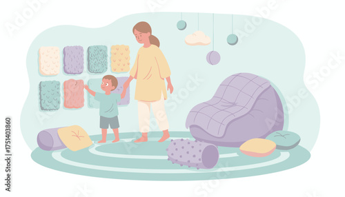 Child and woman exploring textures in a colorful sensory room for learning and development