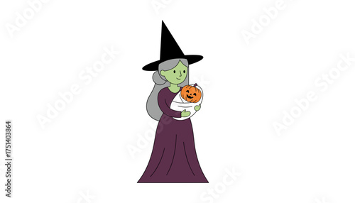 Whimsical witch holding a swaddled jackolantern ready for Halloween fun
