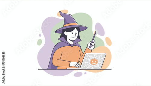 A witch with a magic wand uses a laptop featuring a Halloween pumpkin and spiderweb