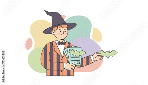 Man in wizard hat holds Halloween event tickets and a bat Festive holiday illustration