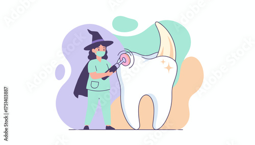 Dentist in witch costume polishing a sparkling tooth for dental hygiene Halloween dental care concept