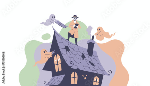 Skeleton detective investigates a haunted house with playful ghosts Halloween mystery concept