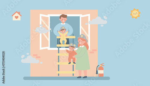Happy family practices home fire safety with children in firefighter gear