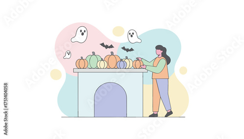 Woman decorating home for Halloween with colorful pumpkins ghosts and bats Festive holiday lifestyle