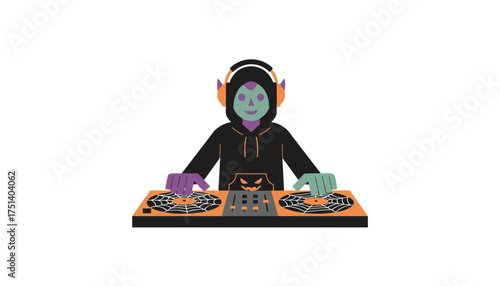 Spooky DJ with vampire ears and pumpkin hoodie mixes music on spiderweb turntables for Halloween party