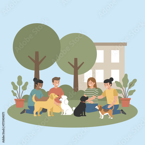 Happy friends playing with dogs in a park Pet friendly outdoor activity and companionship