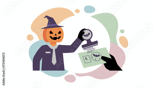 Spooky business Pumpkinheaded character in a suit stamps a document for Halloween events