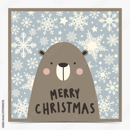 Cute Christmas greeting card, postcard, invitation with chubby brown bear on snowy, snowflakes blue background, vector illustration