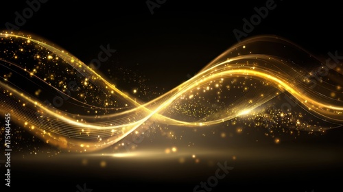 Abstract golden wave patterns with light and sparkle effects on a dark background creating an elegant and luxurious atmosphere for creative projects