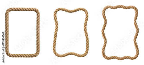 A set of three rustic brown rope frames with different border shapes, straight, wavy, and curved, for nautical themes, Isolated on Transparent and White Background