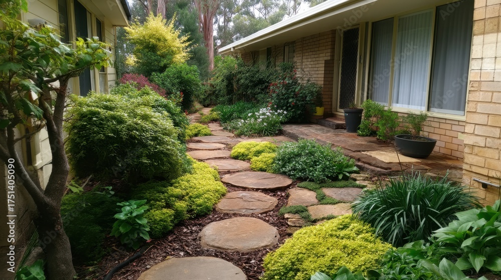 Obraz premium Serene and Lush Garden Pathway with Stone Slabs Surrounded by Vibrant Green Shrubs and Colorful Flowers in a Tranquil Residential Setting