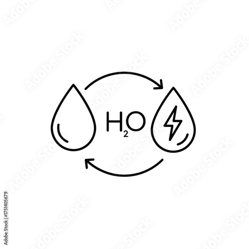 Water and Hydrogen Cycle Line Icon, Clean Energy Loop Symbol
