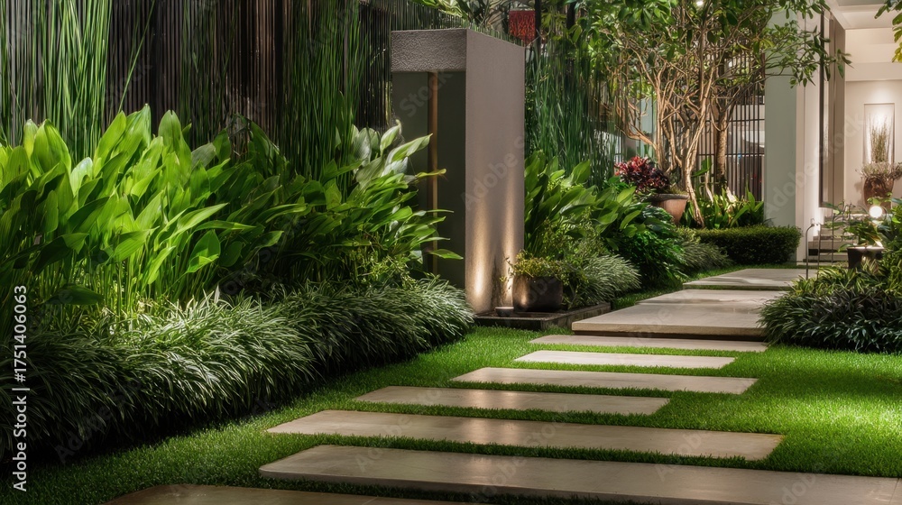 Obraz premium Tranquil evening garden pathway featuring lush greenery, modern stone slabs, ambient lighting, and serene atmosphere inviting relaxation and peace.
