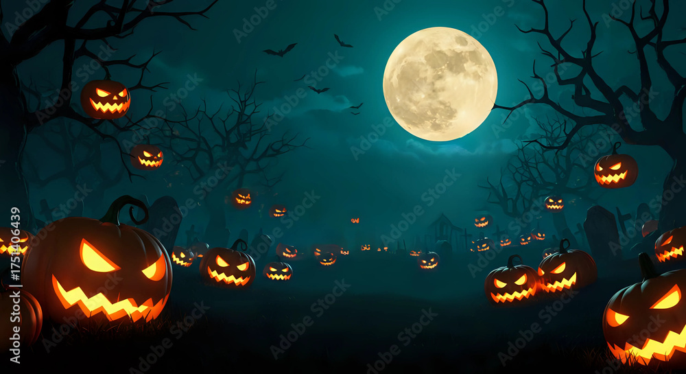 Fototapeta premium Illustration of glowing carved jack-o'-lantern pumpkins under full moon, spooky path dark foggy forest at night - Halloween horror spooky scary creepy background