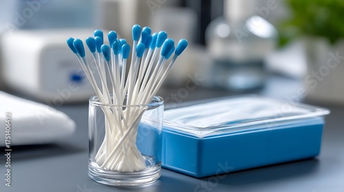Cotton Swabs in Clear Glass on Blue Background for Personal Care