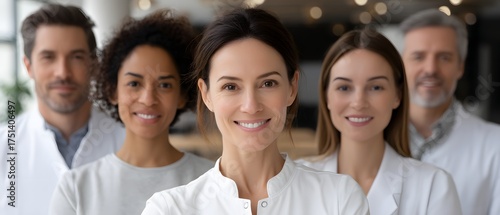 Diverse Group of Healthcare Professionals Smiling Together in Clinic
