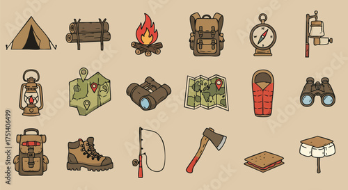 A collection of hand-drawn camping illustrations featuring a tent, campfire, backpack, compass, lantern, map, binoculars, and other outdoor adventure elements.