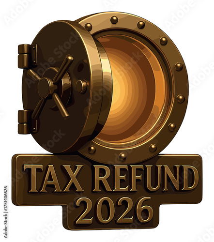 Golden vault with tax refund 2026 symbol on brass background