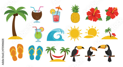 A vibrant collection of tropical illustrations showcases palm trees, refreshing cocktails, sunny skies, and exotic toucans, perfect for summer designs.