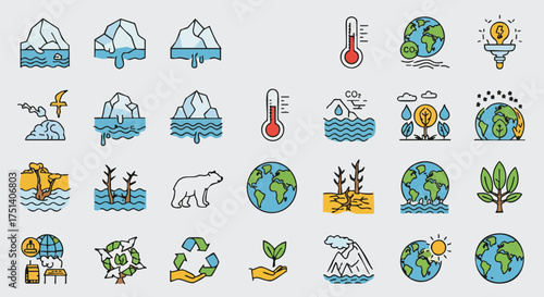 Colorful vector icons depict environmental concerns, including melting glaciers, rising temperatures, and the importance of conservation for a sustainable future.