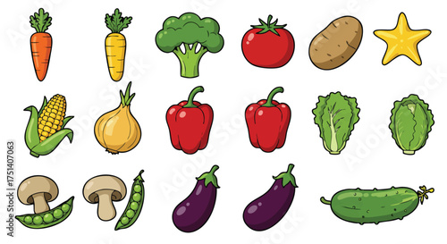A vibrant collection of fresh, healthy vegetables, perfect for illustrating nutrition, cooking, and a balanced diet in a colorful, cartoon style.