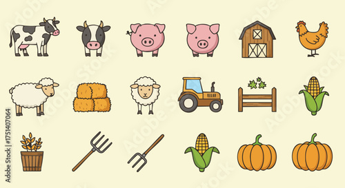A vibrant illustration showcasing various farm animals, crops, and tools, perfectly capturing the essence of rural life and agricultural practices in a colorful array.