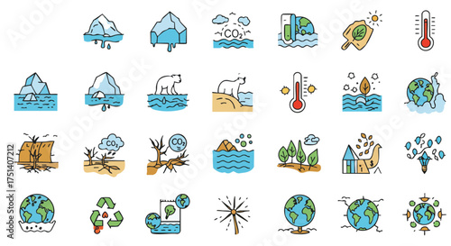 A collection of colorful icons representing climate change, global warming, and environmental issues, suitable for educational and illustrative purposes.