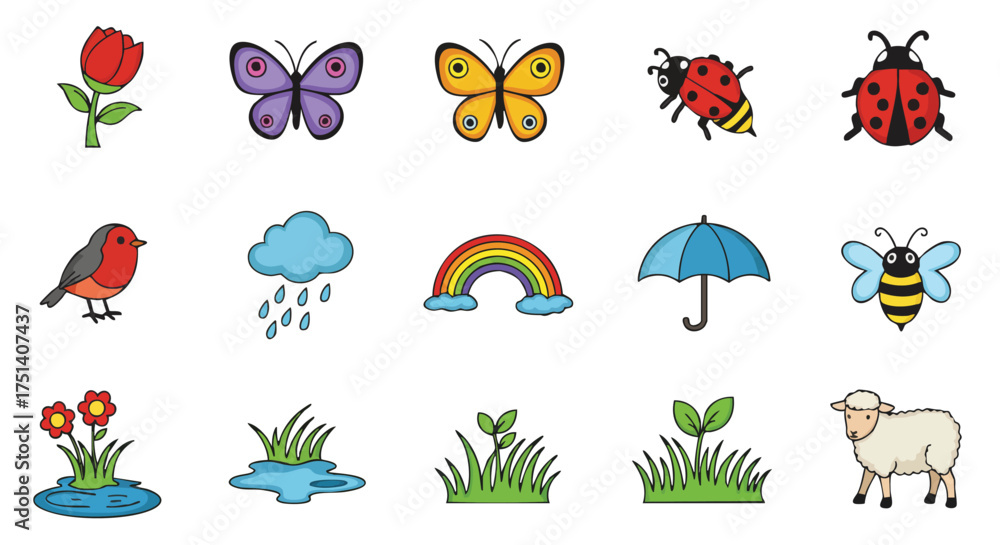 Naklejka premium A vibrant collection of colorful illustrations showcasing nature's beauty, including flowers, butterflies, insects, weather elements, and cute animals in a playful design.