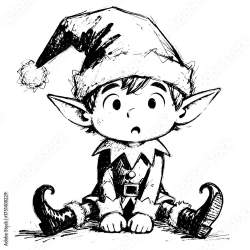 An adorable hand-drawn illustration of a christmas elf, capturing the spirit of the holiday season, wearing a festive hat and outfit. A whimsical illustration.