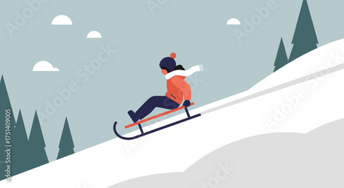Child sledding downhill in snowy landscape, winter fun illustration for outdoor activity and holiday season design