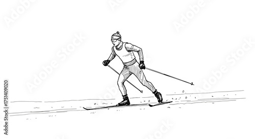 Cross-country skier alone on snowy trail, hand drawn winter sports illustration for activity and fitness theme