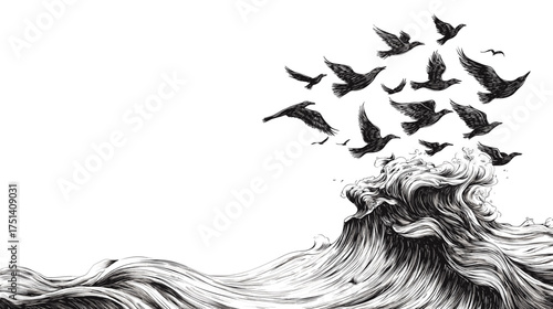 Ink illustration of birds flying above ocean waves, creative surreal artwork for freedom and nature theme