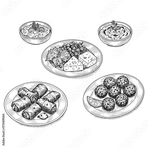 Hand drawn illustration of Mediterranean appetizers with hummus, falafel, feta cheese and grape leaves, sketch for restaurant menu or cookbook design