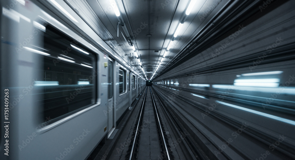 Fototapeta premium Fast moving subway train in underground tunnel, urban transportation and modern city speed concept