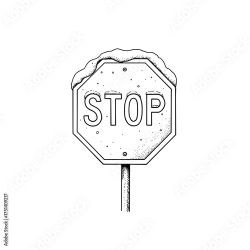 Snow-covered stop sign illustration, winter road safety concept for transportation and driving education design