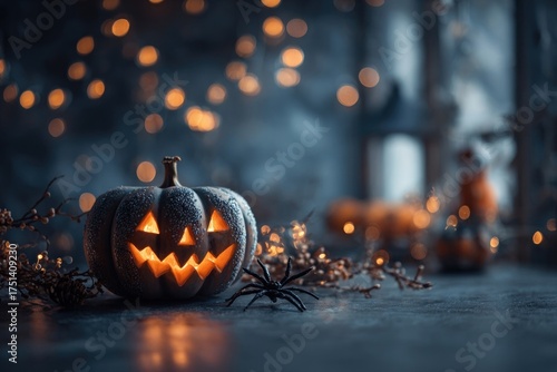 Halloween safety month theme with glowing pumpkin and festive decor