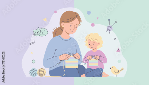 Happy mother and daughter knitting bonding over a creative relaxing pastime