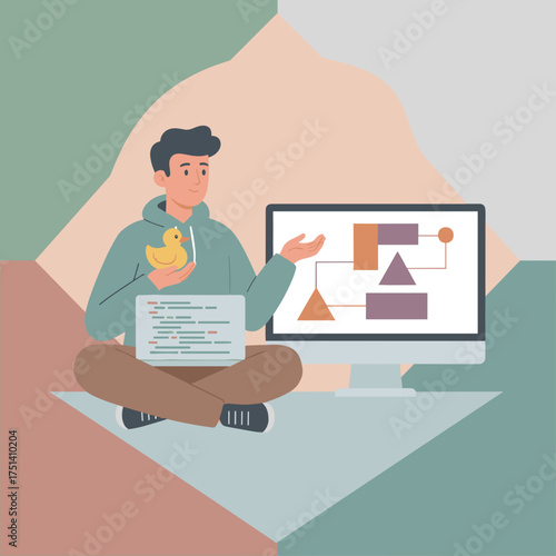 Programmer coding with laptop rubber duck and diagram Focus on development and problemsolving