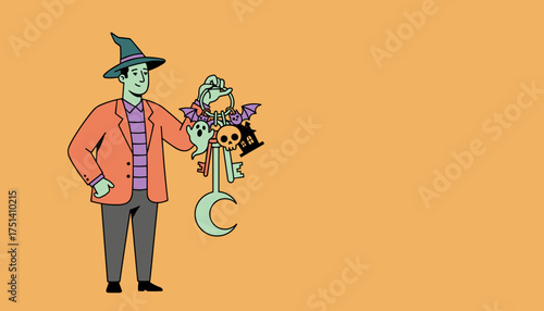 Man in witch hat holds a Halloween keychain with spooky charms against an orange background