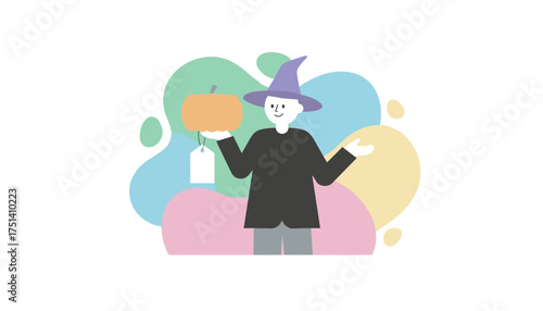 Friendly wizard character holding a pumpkin with a price tag Halloween shopping concept