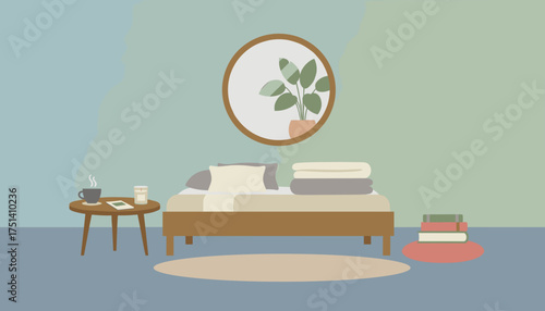 Minimalist bedroom with cozy bed mirror coffee candle and books for tranquil relaxation