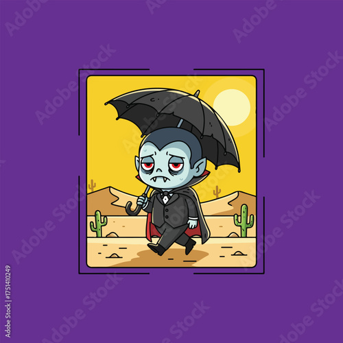 Sad Chibi Vampire Walking in Desert with Umbrella