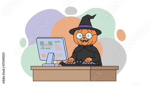 Halloween pumpkin witch with glasses working on a computer Fun holiday concept