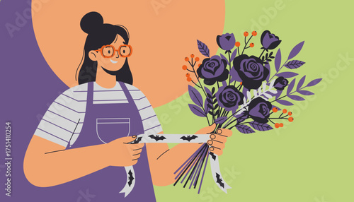 Creative woman designs a unique Halloween floral arrangement with dark flowers and batthemed ribbon