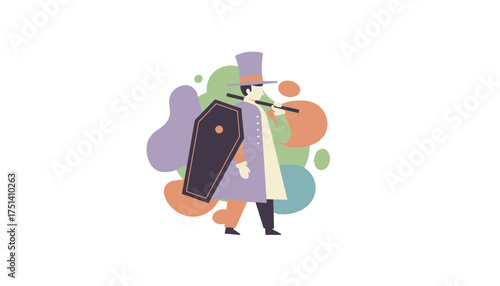 Mysterious tophatted figure carries a coffin and staff amidst abstract shapes