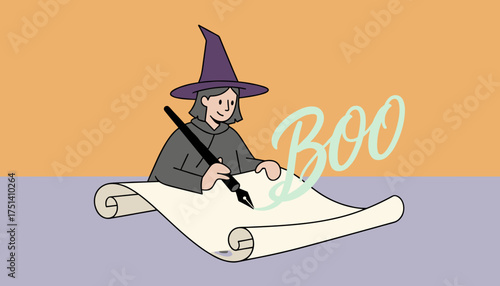 Smiling witch writes BOO on a scroll with a quill depicting Halloween magic