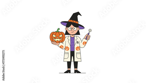 Cartoon witch scientist with a Halloween jackolantern and a spooky tool Fun spooky season