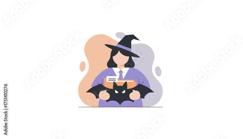 Woman in witch hat holds files and a bat merging work with Halloween themes